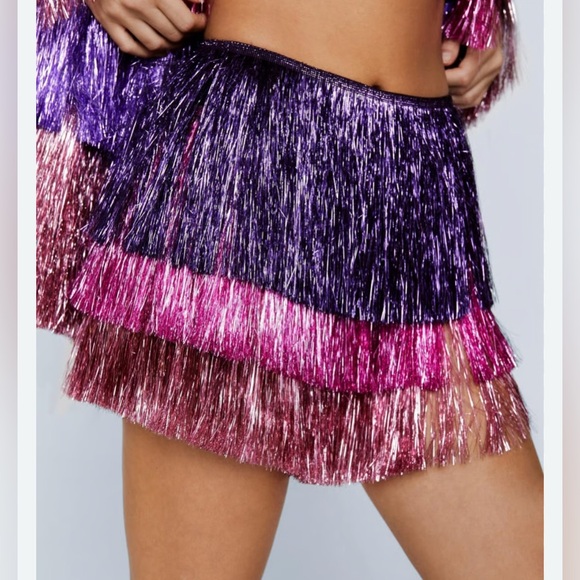 Nasty Gal Dresses & Skirts - NWT Nasty Gal Multicolored High Waisted Tinsel Fringe Shorts Pink & Purple Sz 2